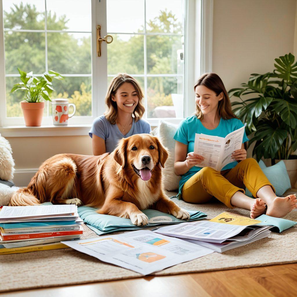 A warm and inviting scene depicting a happy dog and cat snuggled together, surrounded by colorful pet insurance policy documents and wellness plan brochures. In the background, a caring pet owner is discussing plans with a friendly veterinarian, with cozy home elements like a pet bed and toys. Soft sunlight streams through a window, creating a comforting atmosphere. pastel colors. illustration.