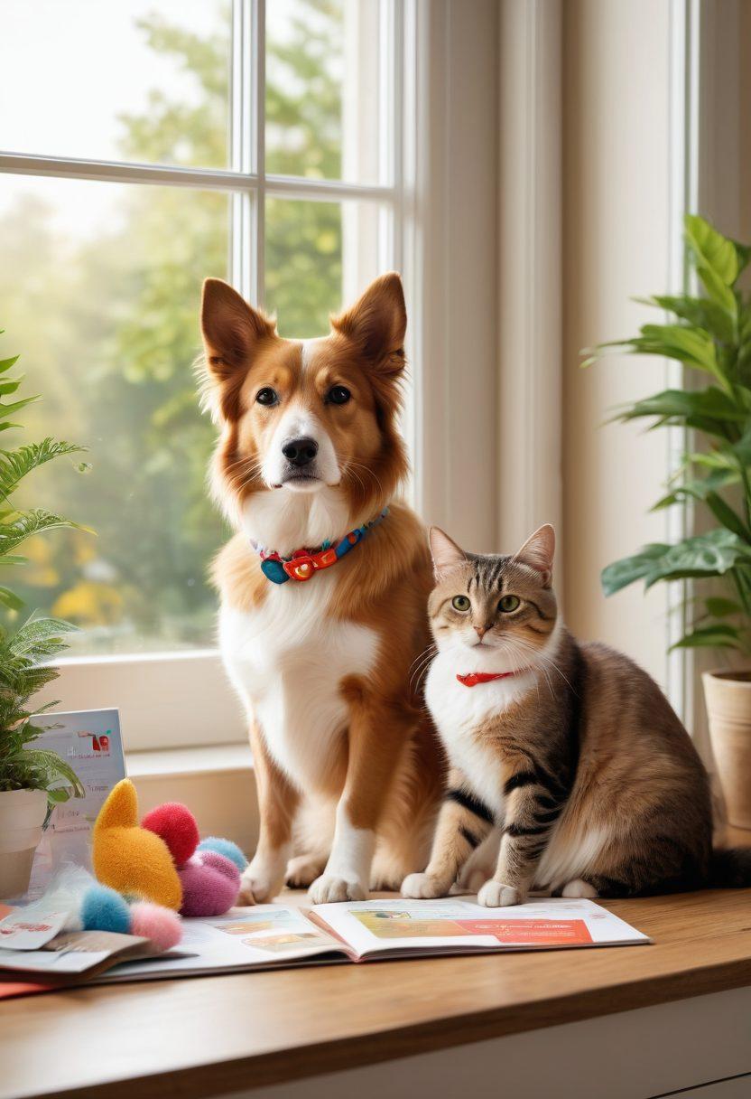 A warm and inviting scene showcasing a happy dog and cat sitting side by side, wearing colorful collars, surrounded by scattered wellness plan brochures and a laptop with a pet insurance website open. Soft natural light filters through a window, illuminating the pets, creating a cozy atmosphere. Include visuals of paw prints and heart icons to symbolize care and protection. The background features a serene home setting with plants and pet toys. bright colors. 3D. cozy environment.