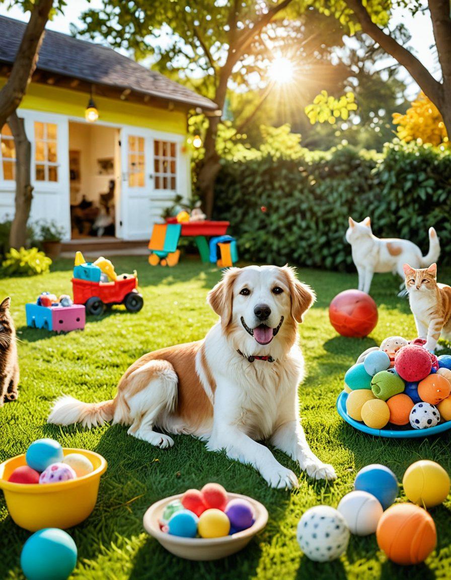 A cozy and inviting pet care scene featuring a happy dog and cat playing together on a vibrant green lawn, surrounded by colorful toys, bowls of food, and a veterinarian examining a small animal in the background. The sun is shining, creating a warm and friendly atmosphere, with a soft-focus effect on lush trees. super-realistic. vibrant colors. soft background.